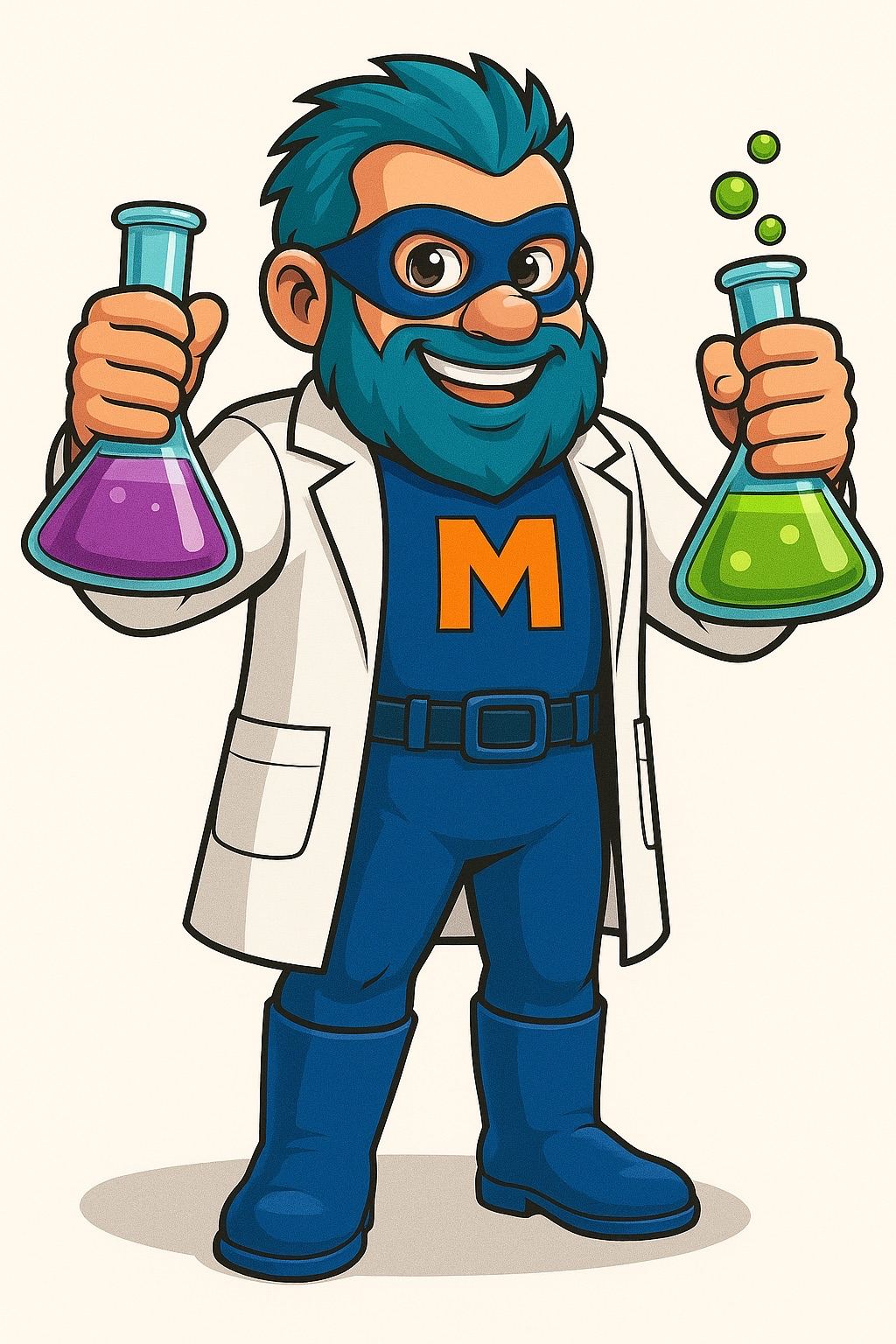 Mad Dad Labz founder in lab coat holding colorful beakers